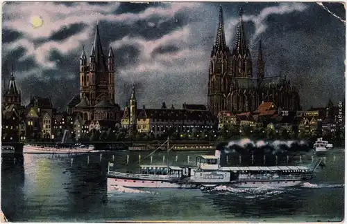 Ansichtskarte Köln Coellen /  Cöln Dampfer - und Stadt bei Nacht 1917