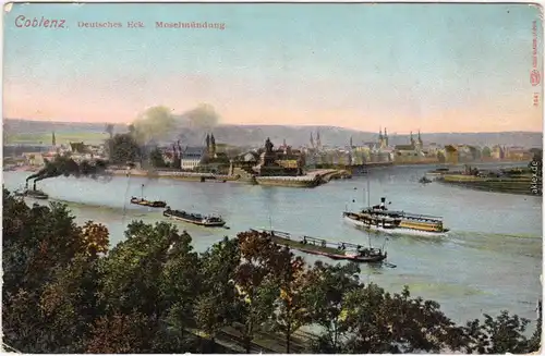 Ansichtskarte Koblenz Deutsches Eck, Moselmündung, Dampfer 1913