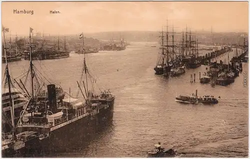 Ansichtskarte Hamburg Blick über den Hafen  - Dampfer, Segelschiffe 1918