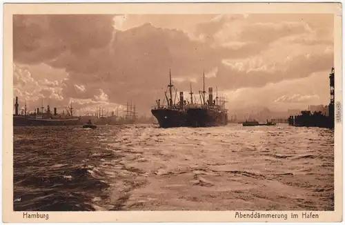 Ansichtskarte Hamburg Abenddämmerung im Hafen, Dampfer 1913