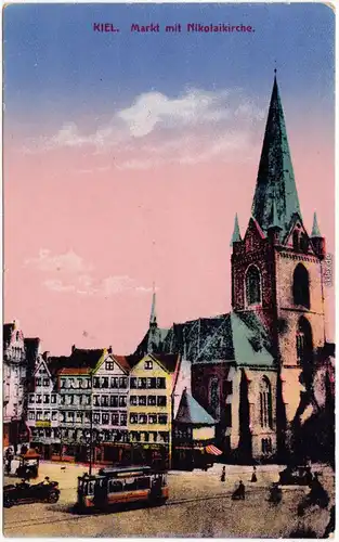 Kiel Markt mit Straßenbahn und Nikolaikirche 1914 
