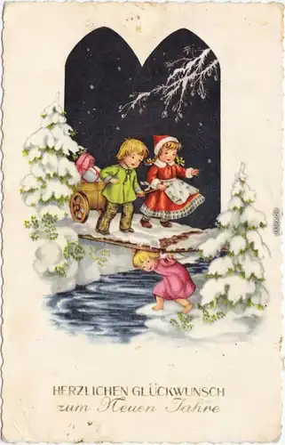 Neujahr, Kinder gehen  kaputte Brücke SchutzEngel hilft, Geschenke Winter 1930