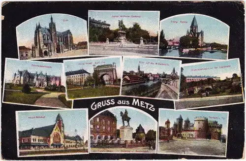 Ansichtskarte Metz Mehrbild. Bahnhof, Tor, Straßen und Kaserne 1918