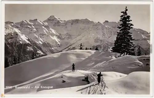 Braunwald GL Am Kneugrat - Langlaufskifahrer Foto Ansichtskarte Glarus 1938