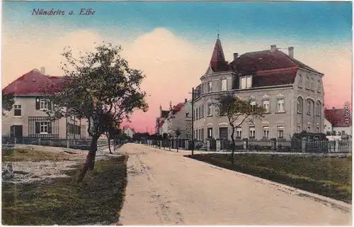 Nünchritz (Elbe) Straßenpartie und Villen coloriert b Meißen Riesa 1912