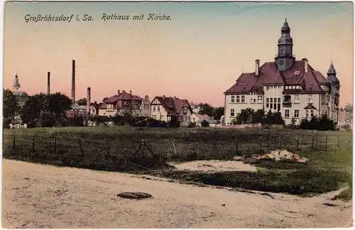 Großröhrsdorf Rathaus, Kirche, Villen und Fabrik b Pulsnitz Radeberg 1919