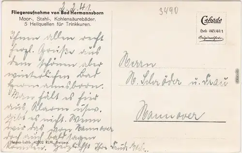 Bad Hermannsborn Bad Driburg Luftbild Ansichtskarte 1941