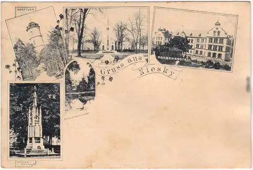 Niesky Oberlausitz 4 Bild: Kriegerdenkmal, Wartturm, Knabenheim und Schloß 1906