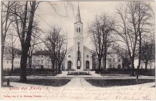 Niesky Niska Patz  mit Kirche Ansichtskarte Oberlausitz 1913