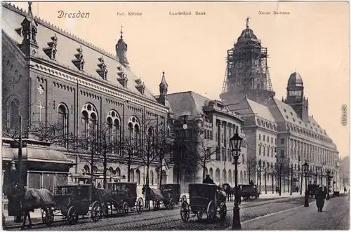 Altstadt Dresden Straßenpartie mit Kutschen Neues Rathaus im Bau 1908 