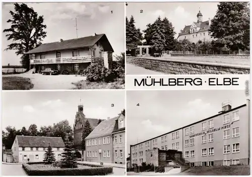 Mühlberg Elbe Gaststätte Strandhäuschen, Schloss Thälmannplatz Schule 1979