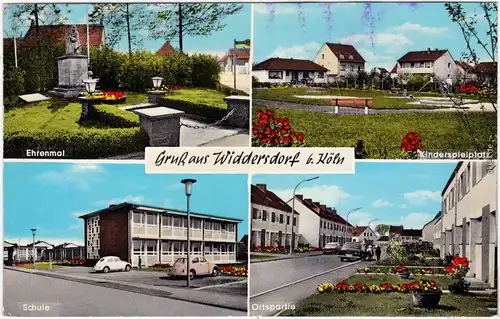 Widdersdorf Köln  4 Bild: Ehrenmal, Kinderspielplatz, Schule  und Straße 1972