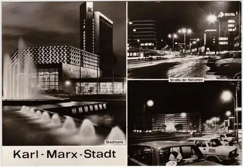 Chemnitz Karl-Marx-Stadt Stadthalle, Straße der Nationen bei Nacht 1977