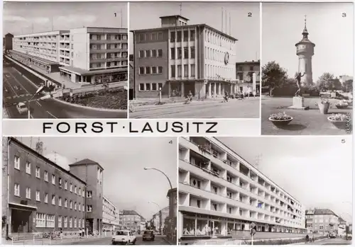 Forst (Lausitz)  Berliner Straße, Konsum-Kaufhaus, Wasserturm, Post, Autos 1983
