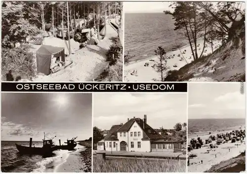 Ückeritz (Usedom) MB: Zeltplatz, Küste und Bahnhof Foto Ansichtskarte 1980