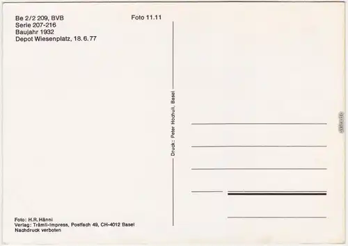 Basel Straßenbahn Be 2/2 209 BVB vor Depot Wiesenplatz 1988 