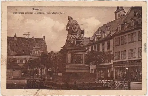 Hanau Marktplatz, Geschäfte und Gebrüder Grimm Denkmal 1931 