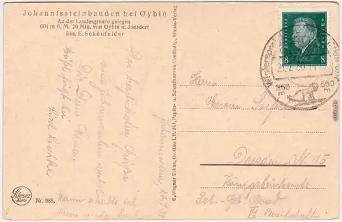 Oybin Johannissteinbauden Ansichtskarte b Zittau Oberlausitz  1930