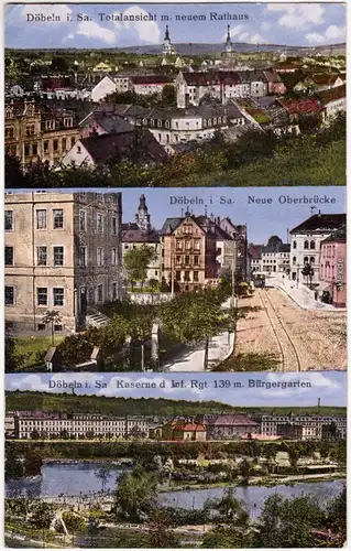 Ansichtskarte Döbeln 3 Bild: Neue Oberbrücke, Kaserne und Panorama 1916
