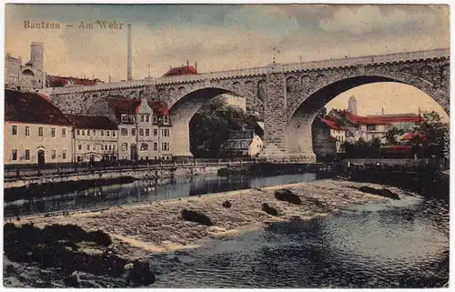 Bautzen Budyšin Straßenpartie am Wehr colorierte Ansichtskarte 1916