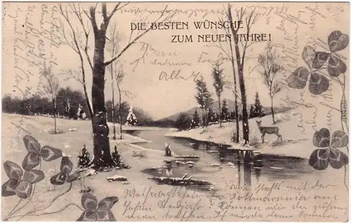  Glückwunsch Neujahr: Winterlandschaft mit Reh 1904