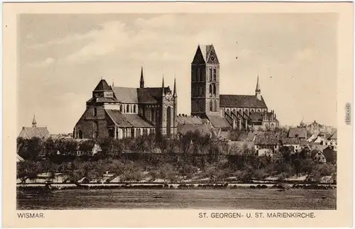 Ansichtskarte Wismar Ufer Blick St. georgen u. St. Marienkirche 1926
