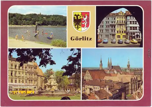 Ansichtskarte Görlitz Zgorzelec Volksbad, Häuser der "Zeile" Zierbrunnen  1987