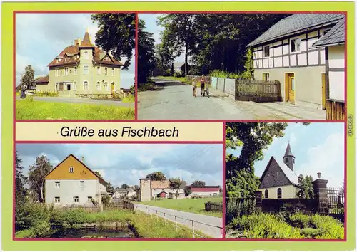 Ansichtskarte Fischbach 4 Bild: Stadtpartie, Straße und Kirche b Arnsdorf 1986