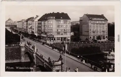 Ansichtskarte Pilsen Plzeň Straßenpartie, Wilsonbrücke - Geschäfte 1939