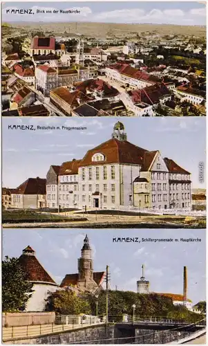 Kamenz  3 Bild Panorama, Lessingschule, Schillerpromenade mit Hauptkirche 1916