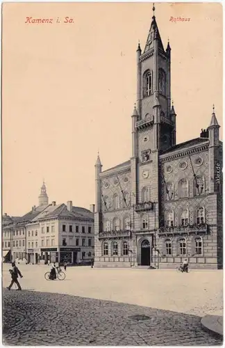 Kamenz Kamjenc Markt, Geschäfte und Rathaus Ansichtskarte Oberlausitz 1916