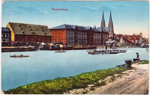 Regensburg Panorama, Dampfer, Lagerhäuser 1917 