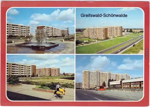 Greifswald Brunnen am Ambulatorium, Hochhäuser (2), Hochhaus und Sporthalle 1987
