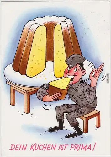 Dein Kuchen ist Prima Soldat mit übergroßem Kuchen NVA DDR Ansichtskarte 1977