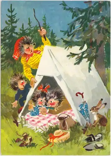 Ansichtskarte Mecki & Familie beim Zelten 1982