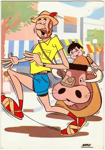  Mann läuft vor falschem Stier davon (Zeichnung/Comic) 1984