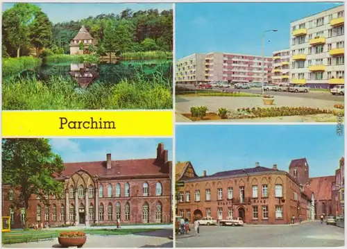 Ansichtskarte Parchim Kinderkurheim, Leninstraße, Rathaus, Waagestraße 1980