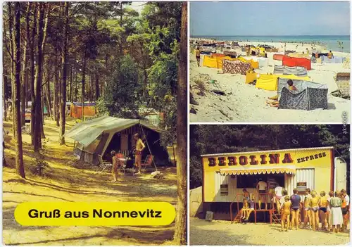 Ansichtskarte Nonnevitz Dranske Campingplatz, Strand, Kiosk 1989