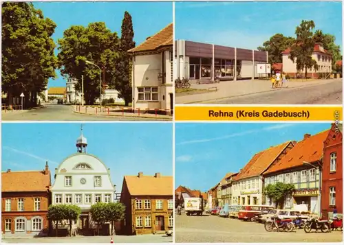 Rehna Schweriner Straße, Kaufhalle und Post, Rathaus, Markt b Wismar 1979