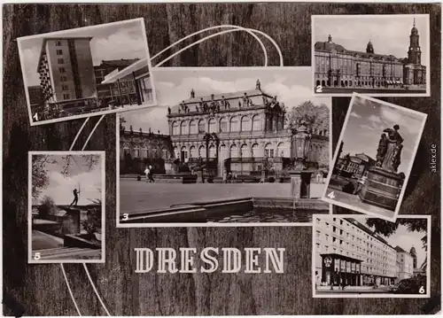 Dresden 1. Hochhaus u. Café, 2. Altmarkt,  Bogenschütze, 6. Ringstraße 1963