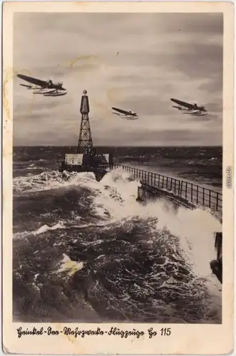 Ansichtskarte  3 Flugzeuge mit Schwimmer im Tiefflug über der Küste 1932