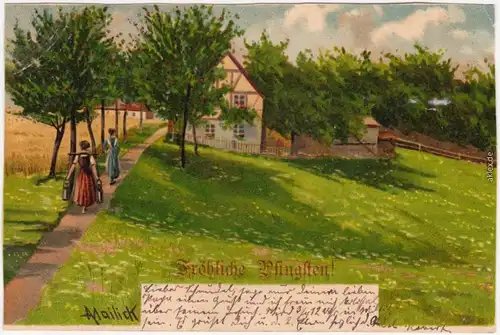 Bäuerin beim Milch holen  Künstlerkarte Mailick  Pfingsten Bauerngehöft  1902