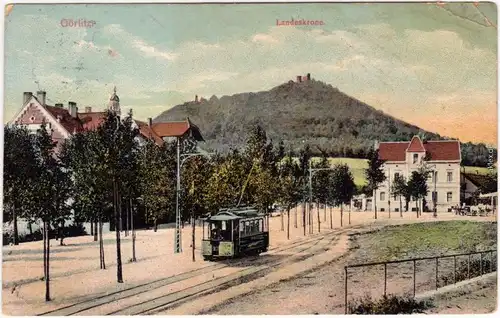 Görlitz Zgorzelec Straßenbahn mit Blick zur Landeskrone 1911 