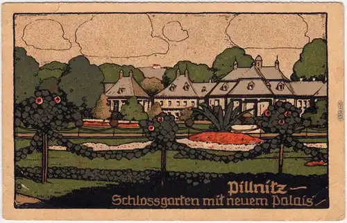 Pillnitz Schlossgarten mit neuem Palais Steindruck Künstlerkarte 1908