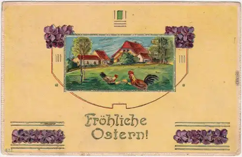 Ostern - Bauerngehöft mit Henne und Hahn im Mittelpunkt 1918 Künstlerkarte