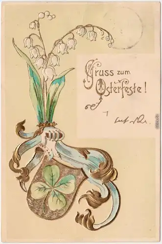 Ostern Kleeblatt mit Glocken-Blumen Heraldik  1903 Goldrand Wappen
