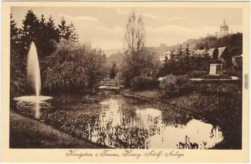 Königstein (Taunus) Herzog-Adolf-Anlage - Teich mit Fontäne und Brücke   1922