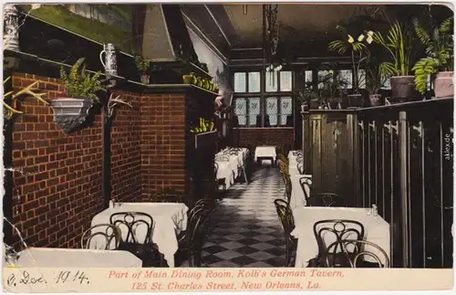 New Orleans Main Dining Room, Kolb's German Tavern, 125 St. Charles Street 1914
