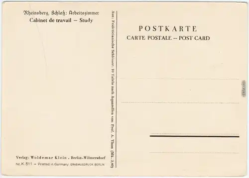 Rheinsberg Arbeitszimmer - Künstlerkarte  Schloss 1928 