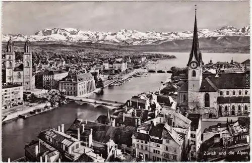 Zürich Überblick über die die Stadt und dem Limmat zum Zürichsee  Alpen 1968